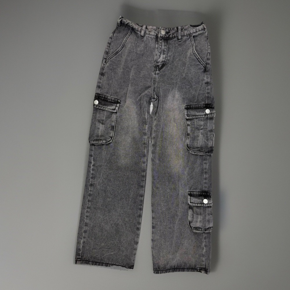 Y2K Wide Leg Cargo Jeans Gray Washed Baggy Streetwear Women S